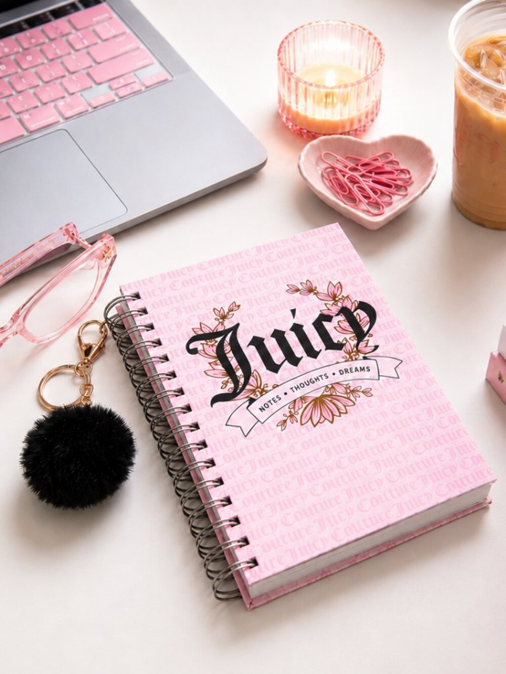 Juicy Couture Blush Notebook Journal with PomPom Keychain